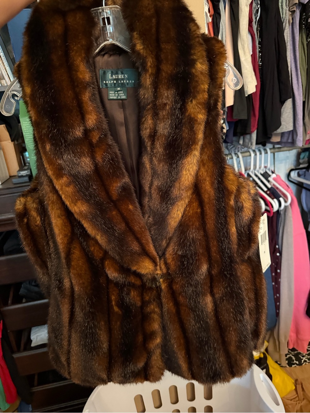 Lauren Ralph Lauren Brown Faux Fur Vest with Shawl Collar